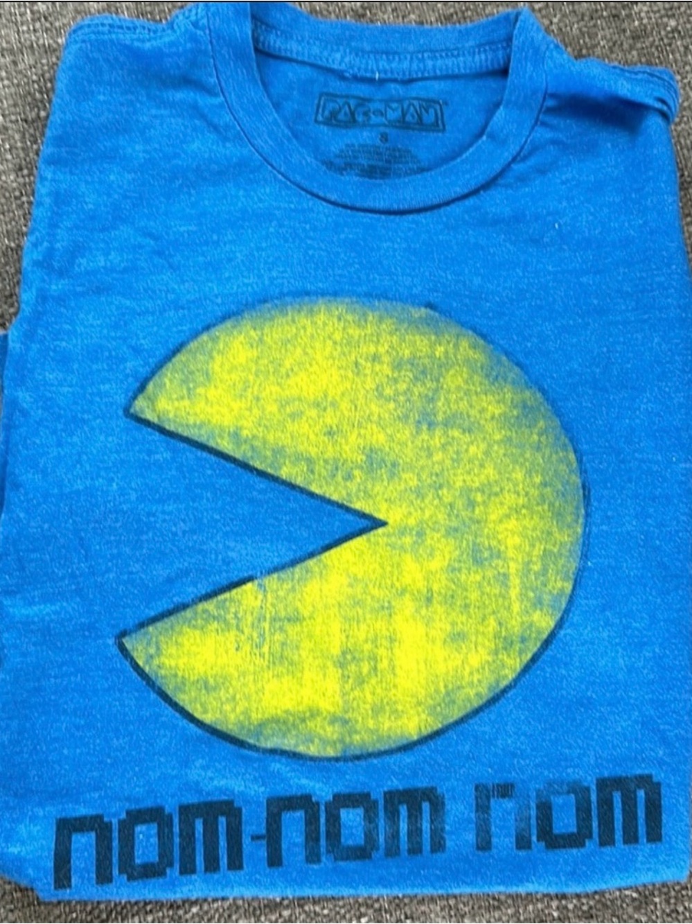 Vintage Pac-Man Nom Nom Nom Retro Arcade Graphic Tee Small S Blue
